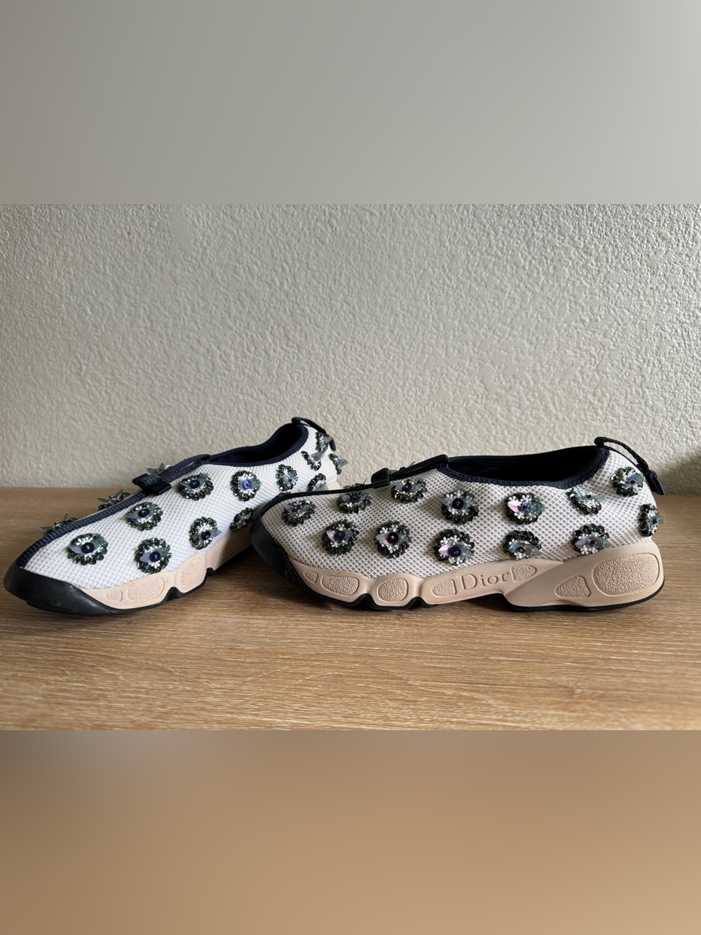 Dior White Embellished Slip-On Sneakers with Black Trim